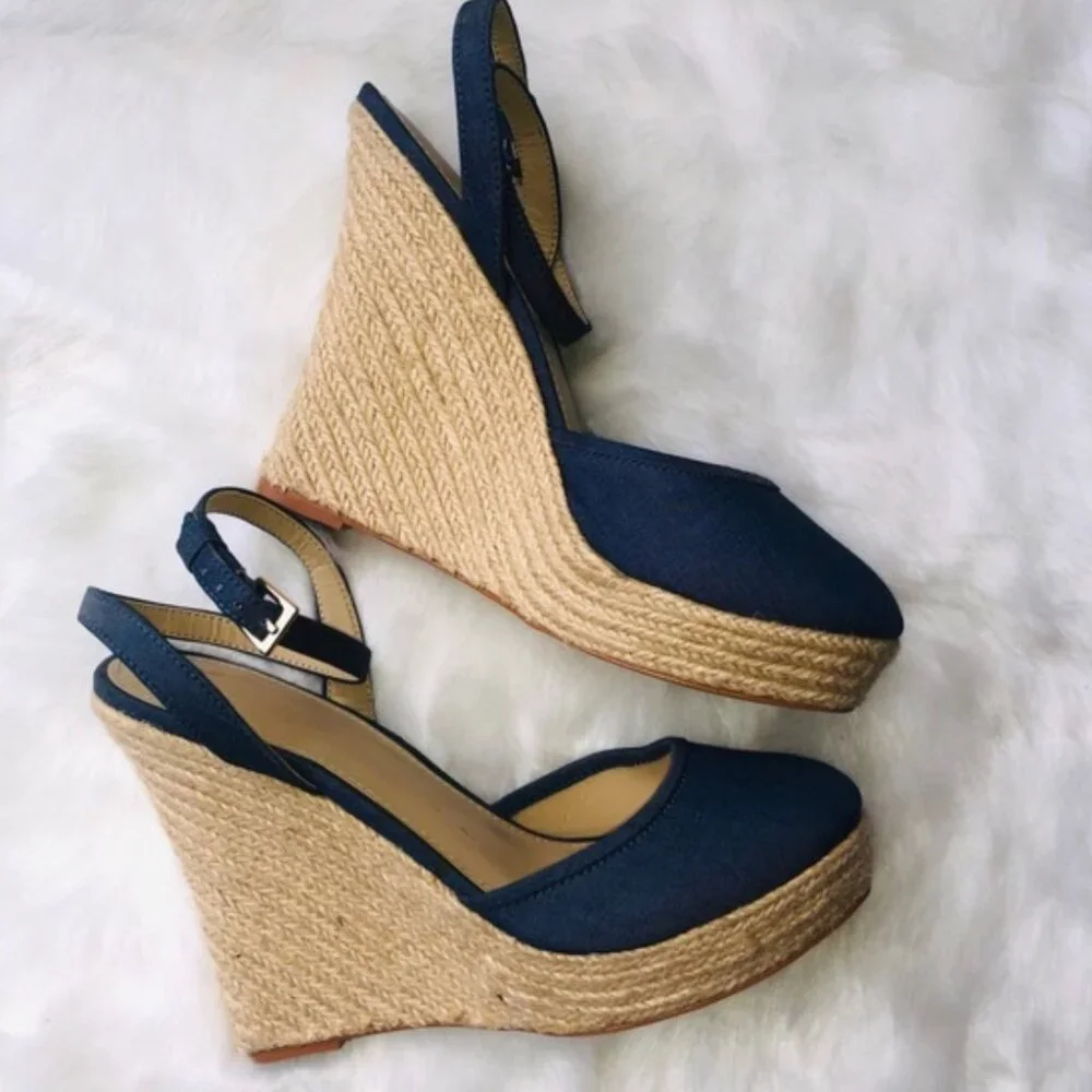 EUC Victoria's Secret ESPADRILLE NAVY CANVAS ANKLE STRAP WEDGE SANDAL …
